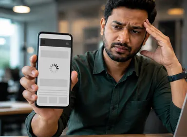 Frustrated customer on a smartphone trying to use a slow, outdated website