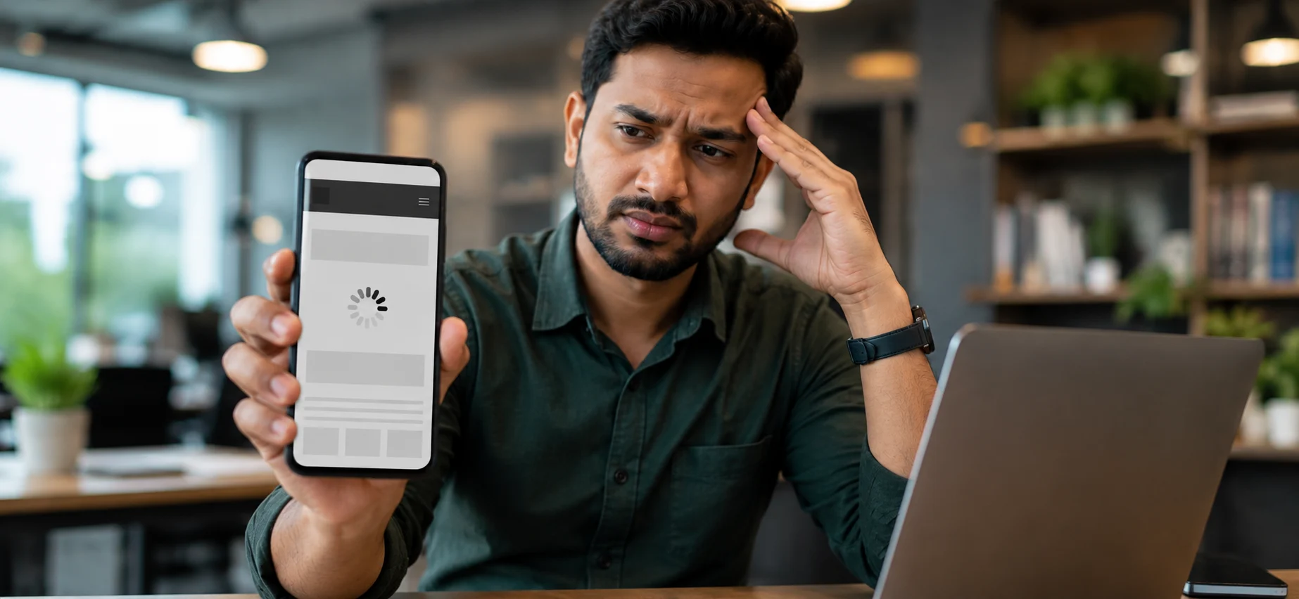 Frustrated customer on a smartphone trying to use a slow, outdated website