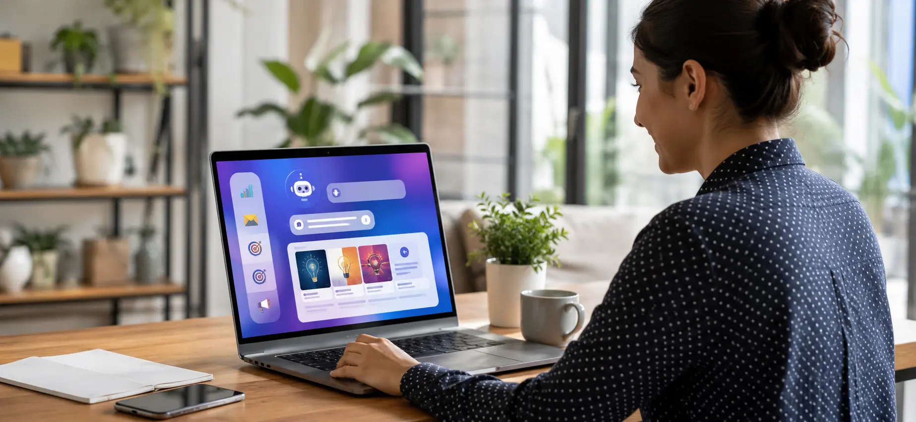 Small business owner using AI tools on a laptop to plan marketing content