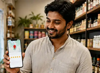 Small business owner checking Google Business Profile on a smartphone in a Gujarat shop