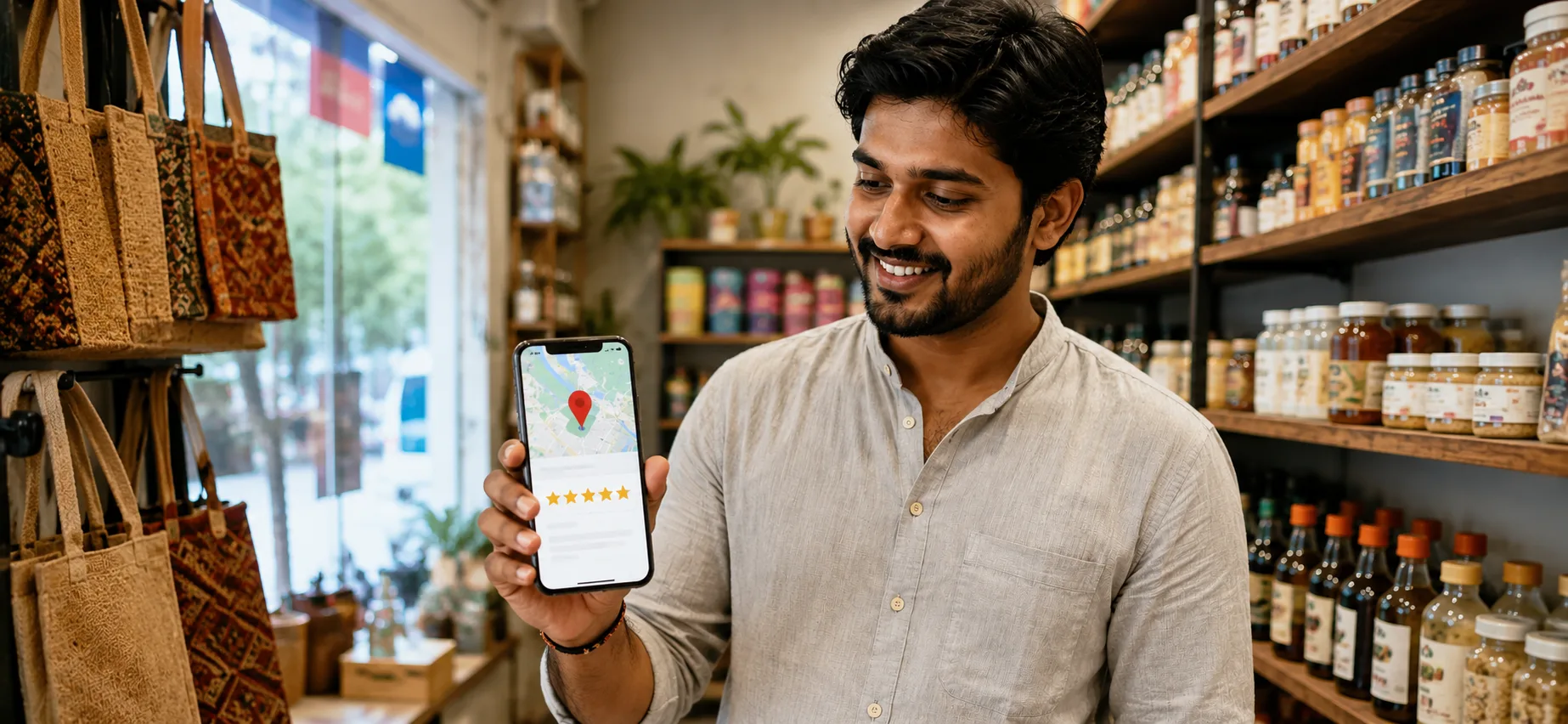 Small business owner checking Google Business Profile on a smartphone in a Gujarat shop